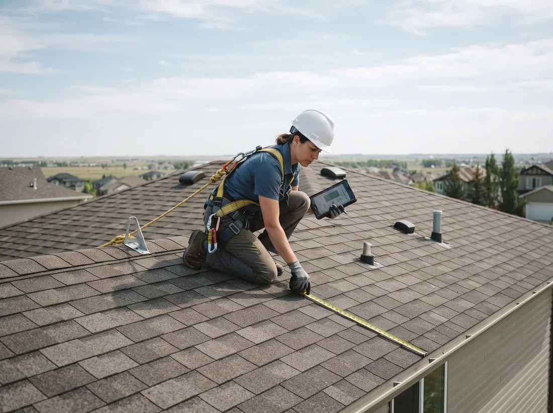 Harnessed solar assessor measuring a roof plane with a tape and a tablet
