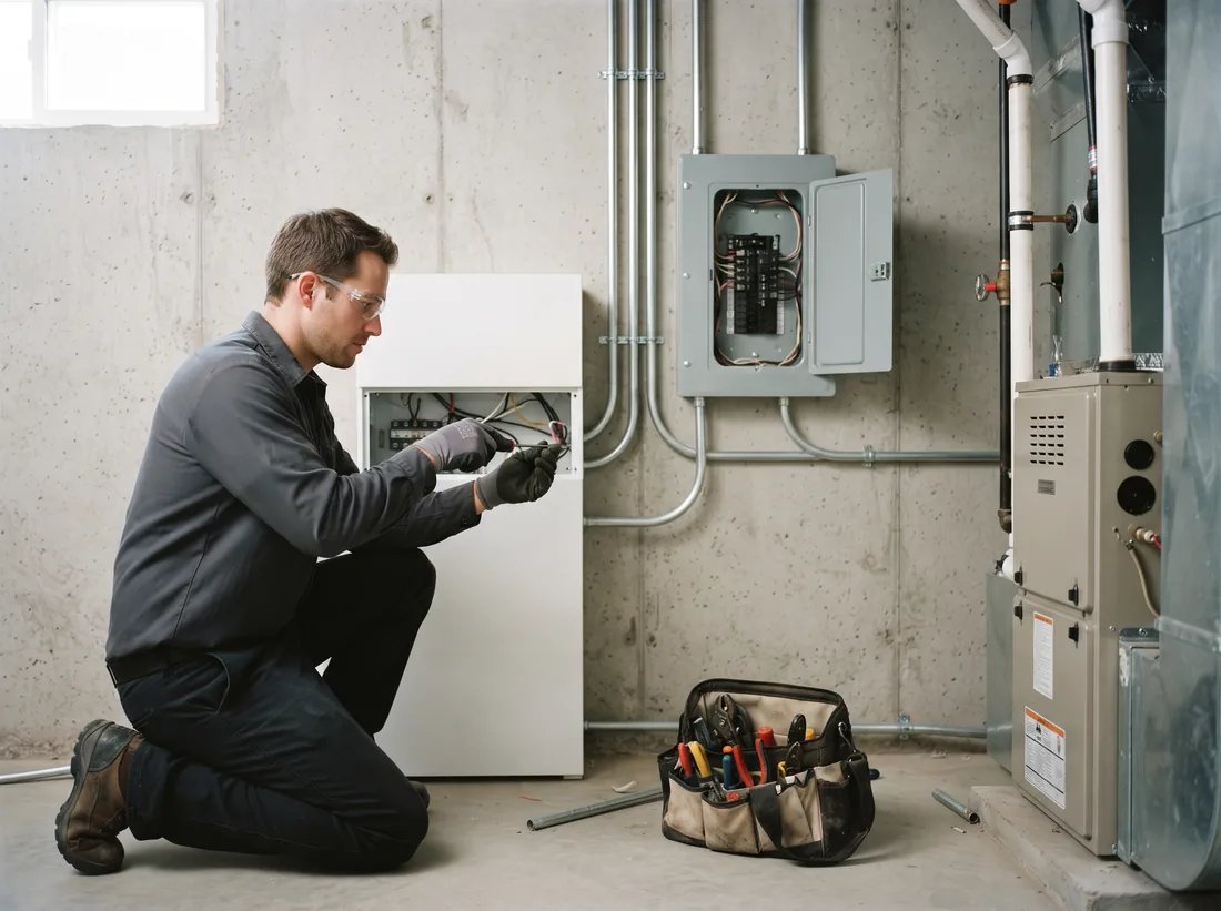 Electrician wiring a home battery cabinet and backup panel in a basement mechanical room
