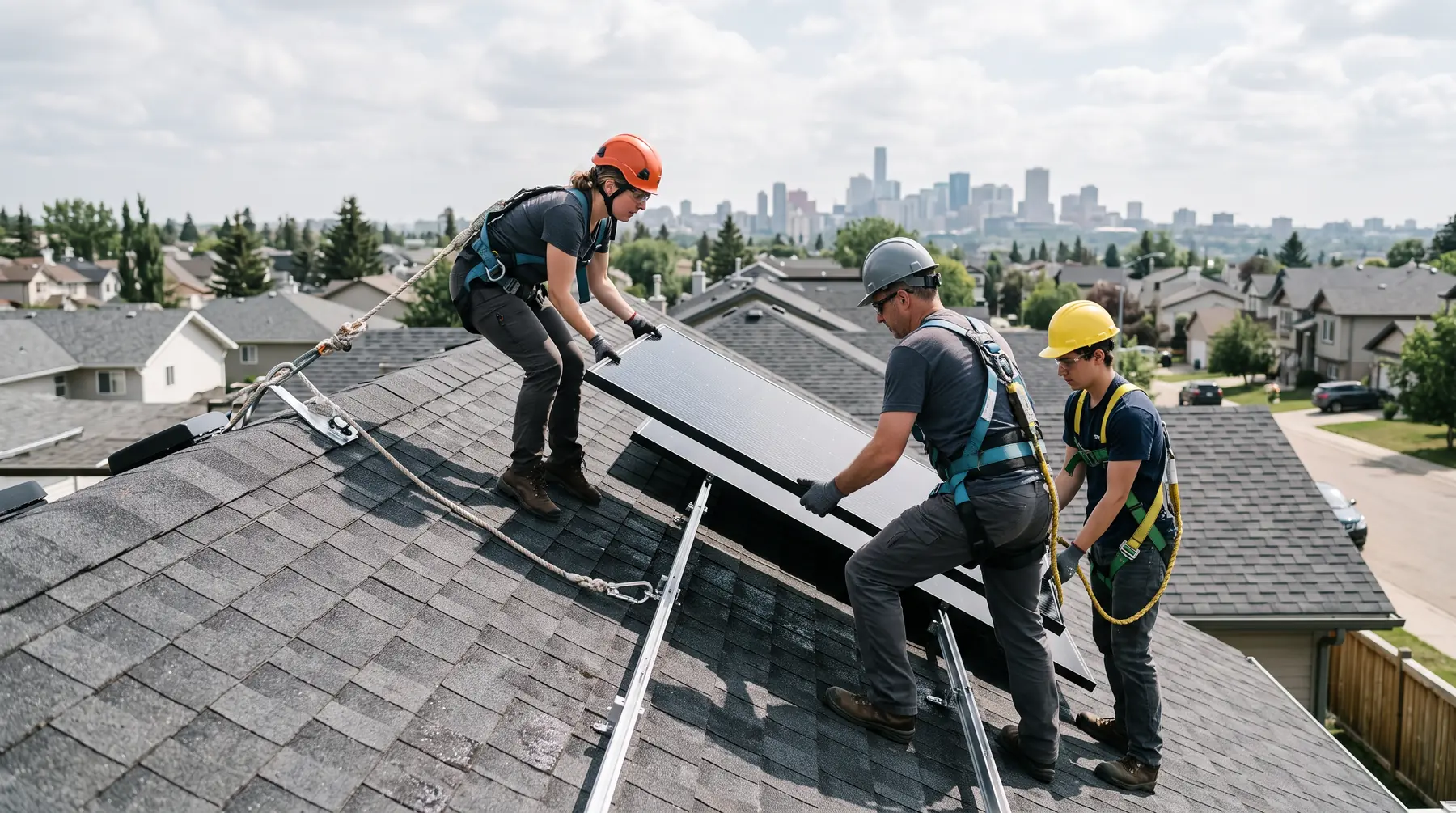 Three harnessed solar installers placing a panel together on an Edmonton roof with the downtown skyline in the distance
