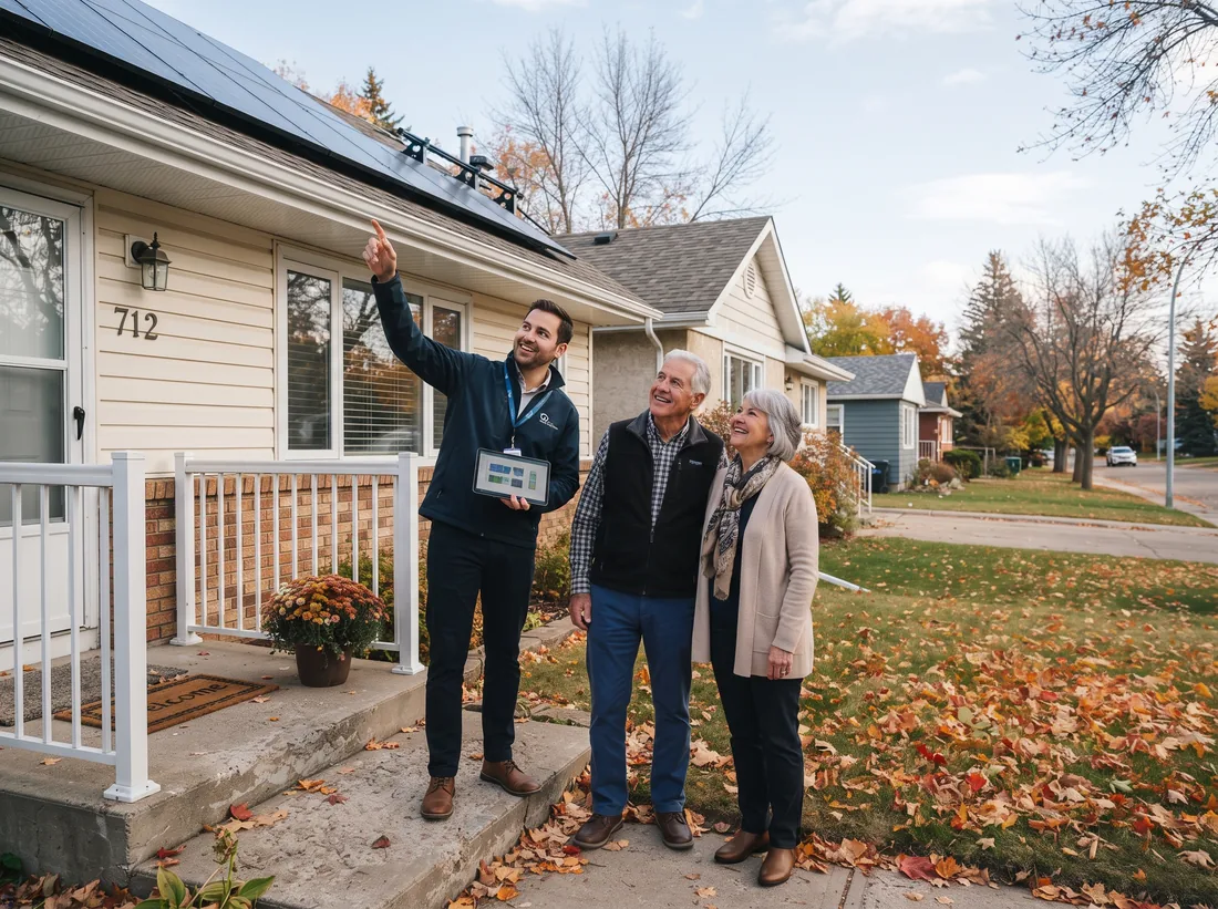 Solar consultant with a tablet talking with a retired couple on the front step of their Edmonton bungalow