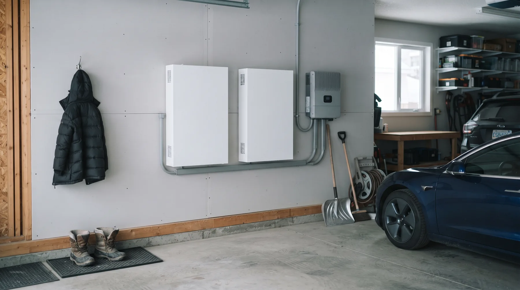 Two wall-mounted home batteries and a hybrid inverter in a clean attached garage