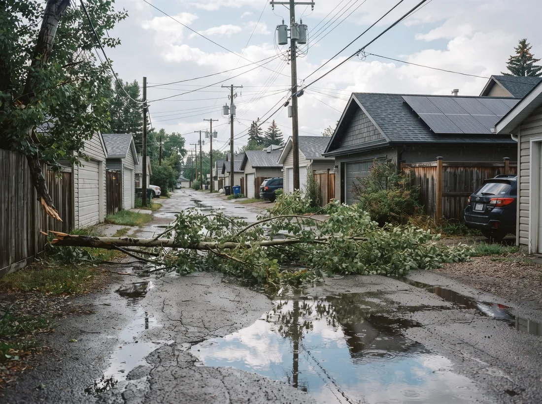 Fallen poplar branch across a residential back lane under power lines after a summer storm