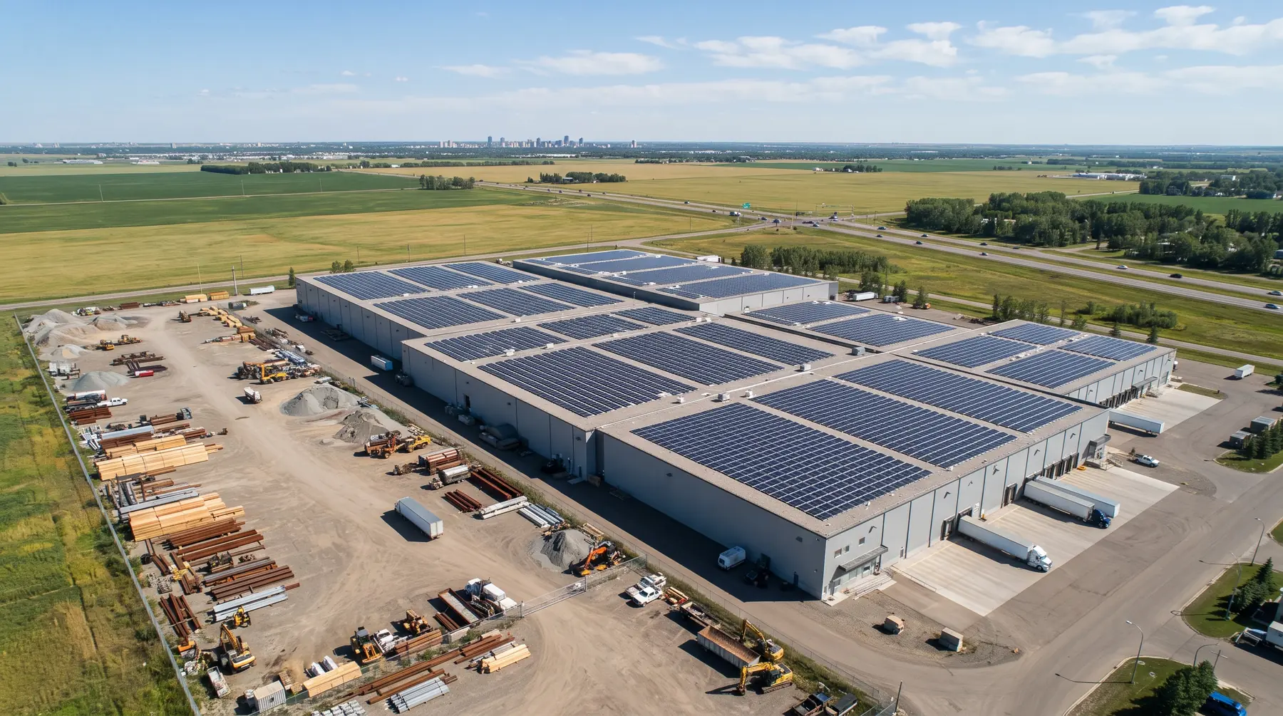 Aerial view of a flat-roofed warehouse on the edge of Edmonton covered in rows of solar panels