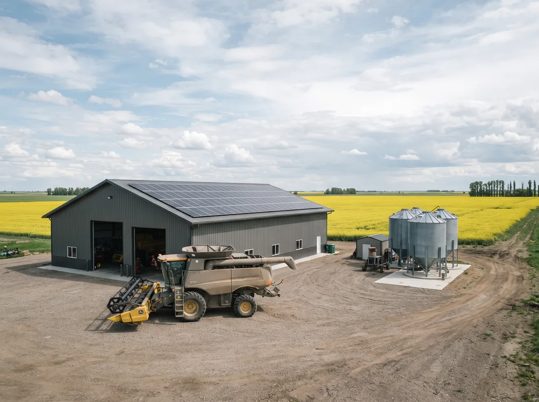 Steel farm machine shop with solar panels along its roof, grain bins and a canola field behind