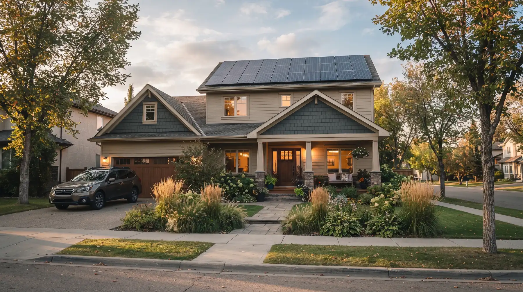 Two-storey Edmonton home at golden hour with solar panels across its roof