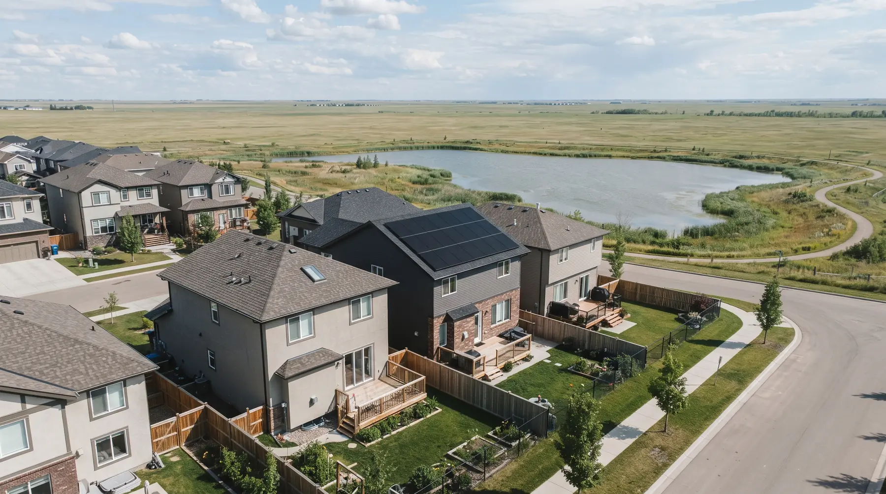Aerial view of a new Edmonton neighbourhood with one home carrying a full black solar array