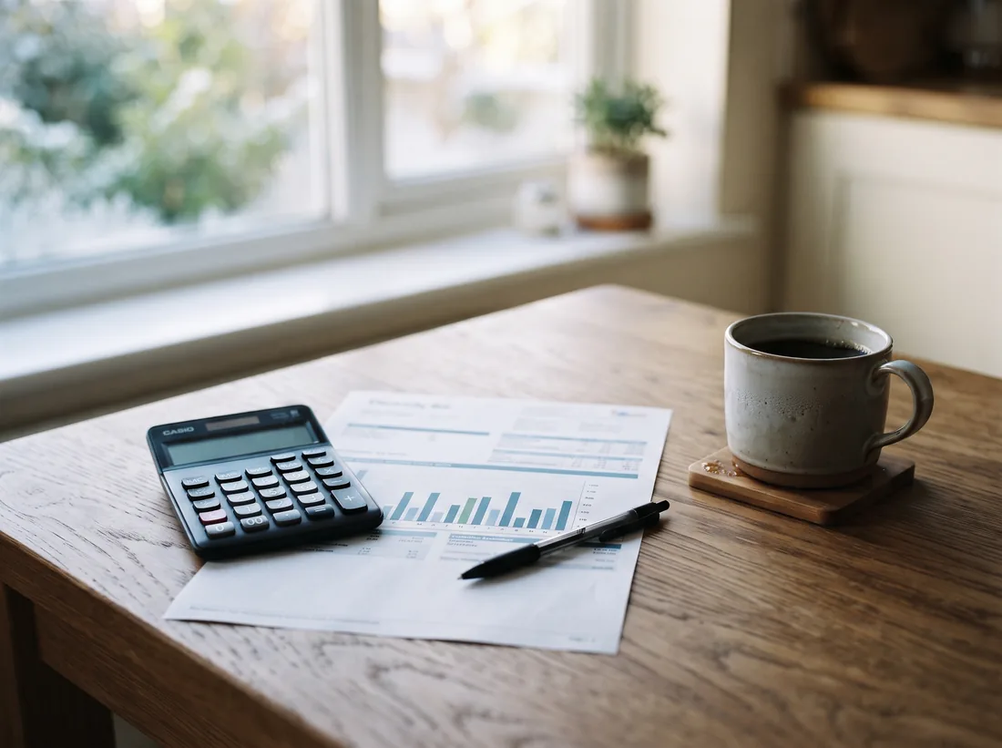 Electricity bill with a usage chart, a calculator and a mug of coffee on a kitchen table