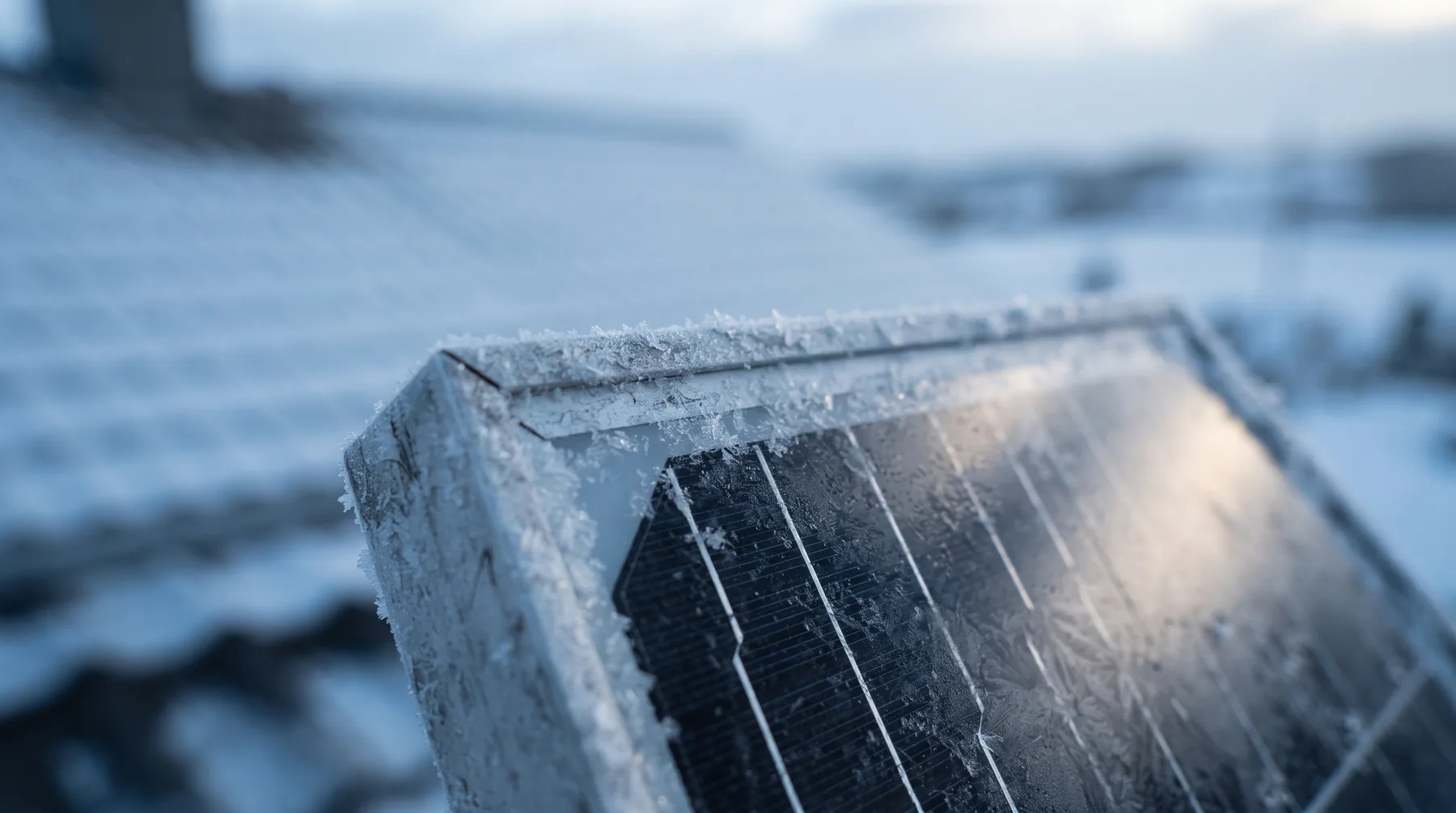 Close-up of frost crystals on the corner of a black solar panel in low winter sun