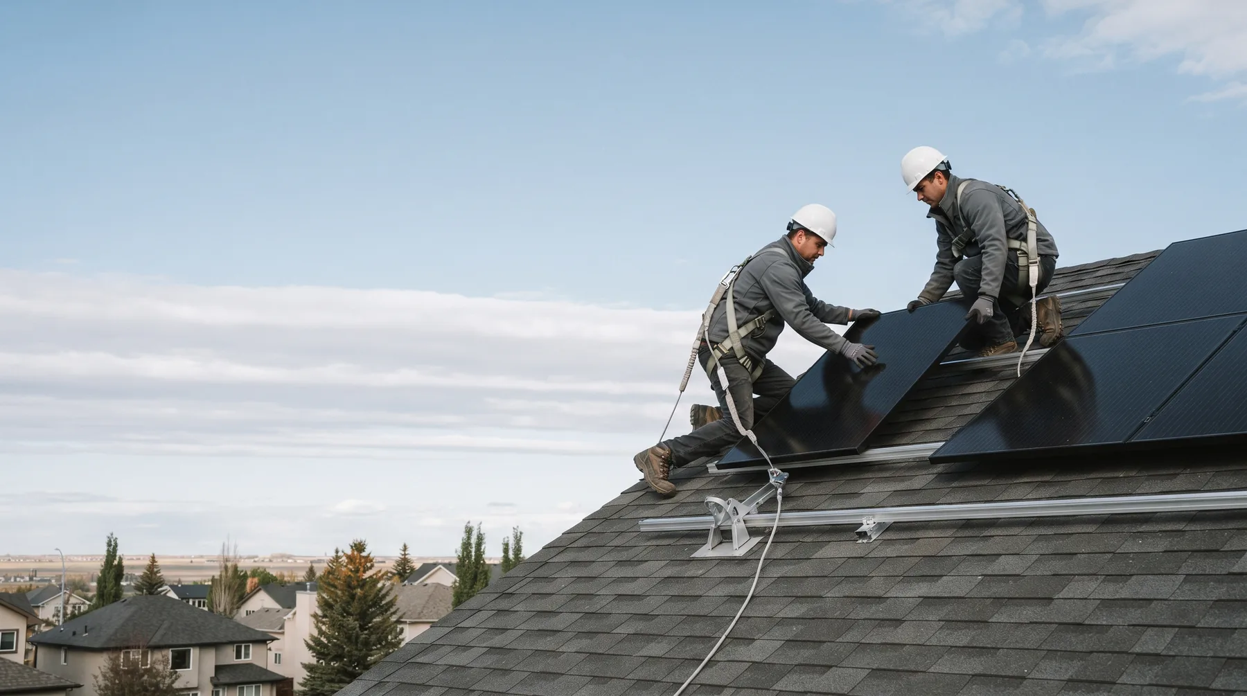 Two harnessed installers kneeling on the shingles of a south Edmonton home, fitting black solar panels under a wide prairie sky