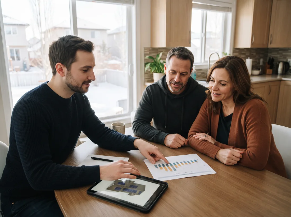 Solar consultant going through a monthly energy chart with a couple at their kitchen table, snow outside the window