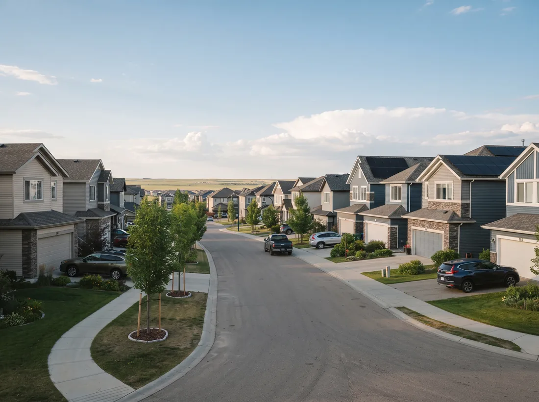 Curved street of newer two-storey homes in south Edmonton with solar panels on several roofs