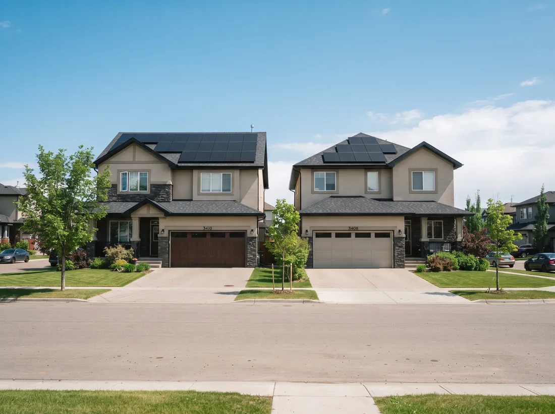 Two neighbouring two-storey homes with black solar panels on their roofs, Summerside