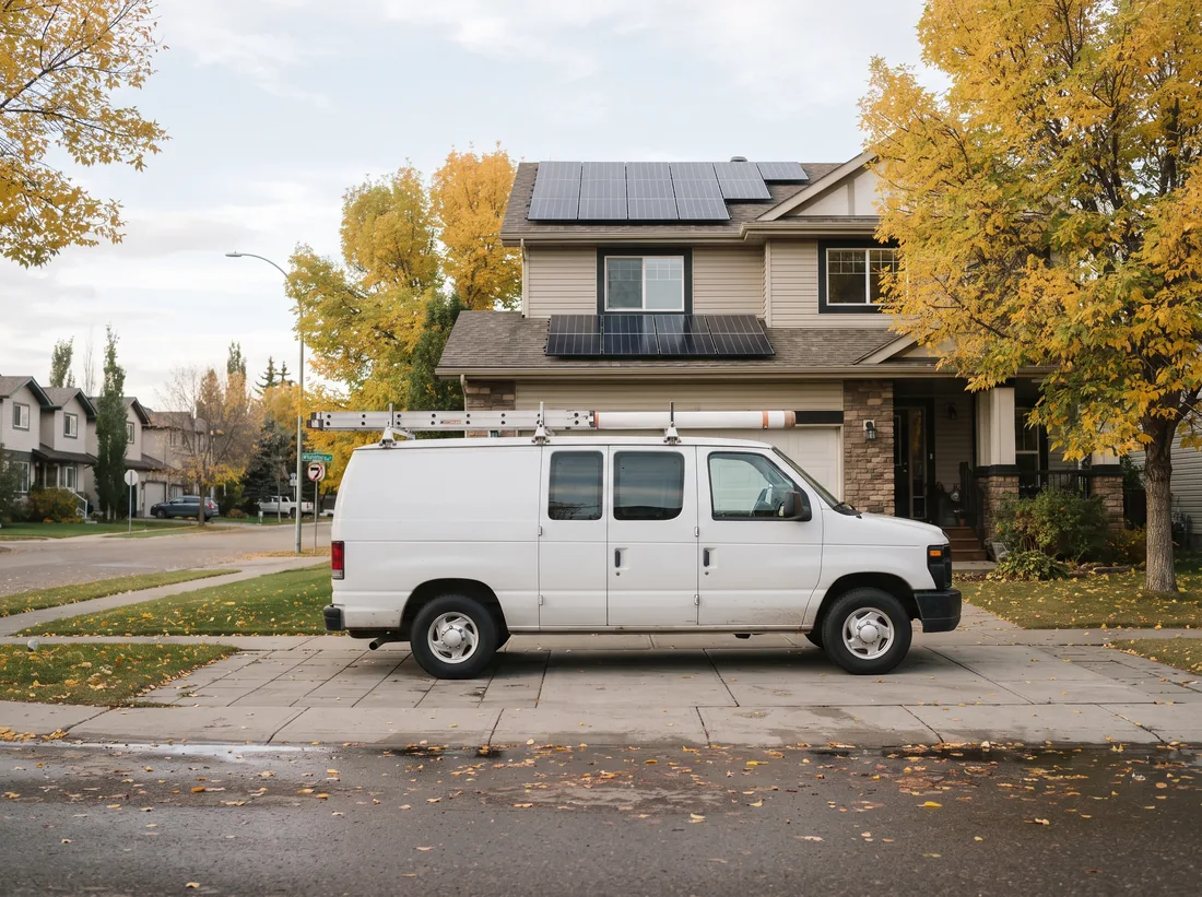 Unmarked white work van in the driveway of a home with rooftop solar, near Devon
