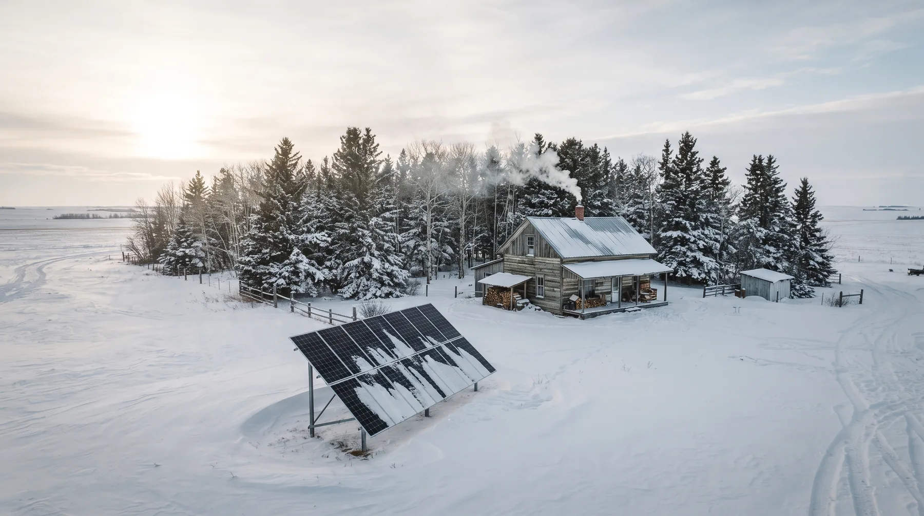 Rural Alberta homestead in winter with a steeply tilted ground-mounted solar array in front of the house