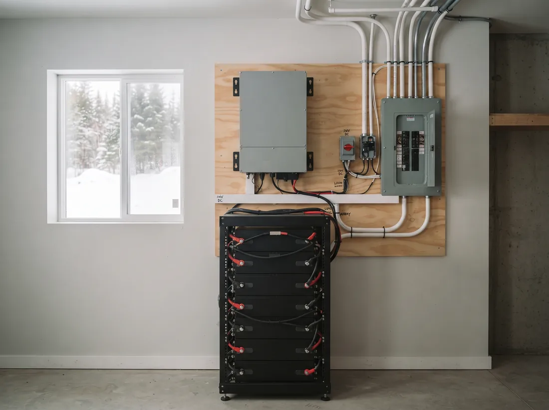 Wall-mounted inverter-charger and lithium battery rack in an off-grid utility room