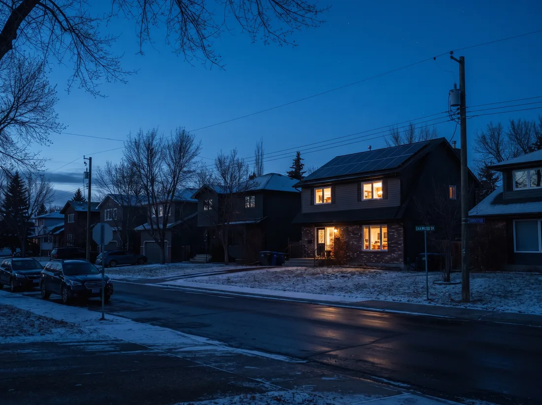 Edmonton street at dusk during a power outage with every house dark except one solar home with lit windows