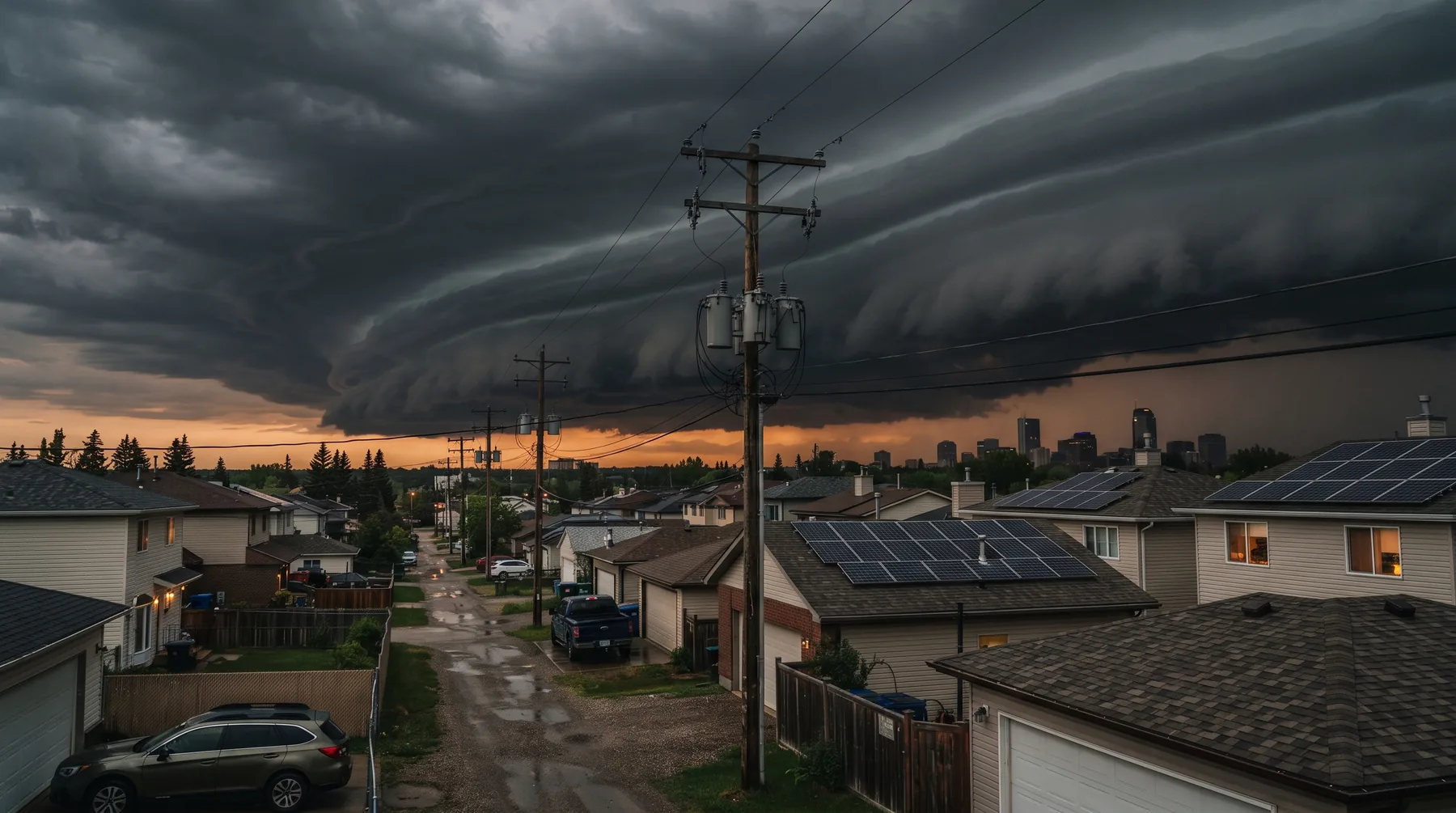 Summer thunderstorm shelf cloud rolling over an Edmonton neighbourhood at dusk, with power poles along a back lane