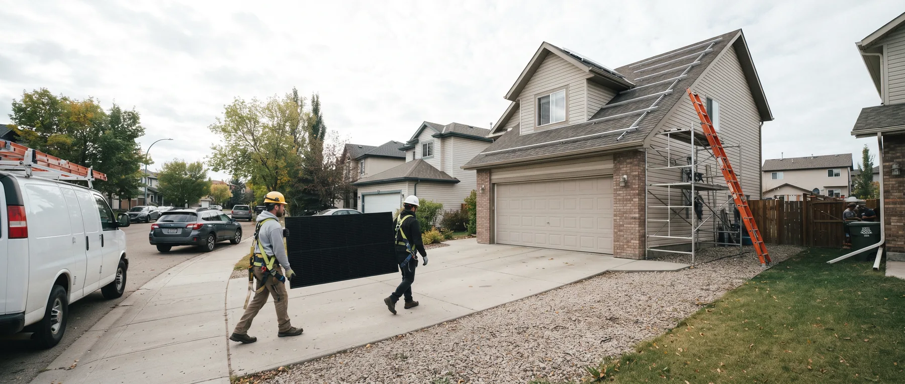 Two installers in hard hats carrying a solar panel up a driveway toward an Edmonton home with scaffolding at the eave