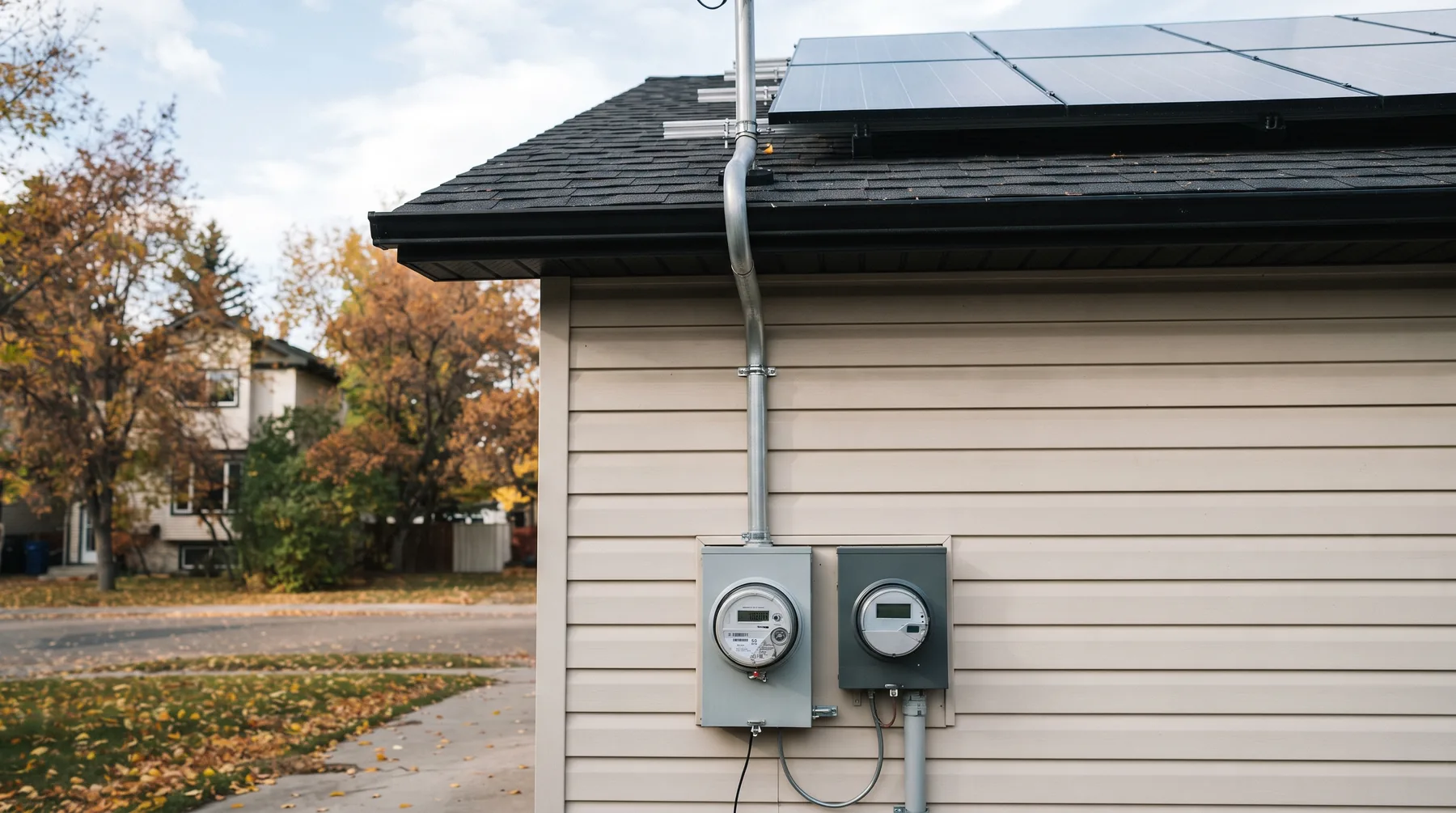 Digital electricity meter and solar production meter on the siding of an Edmonton home below a solar array