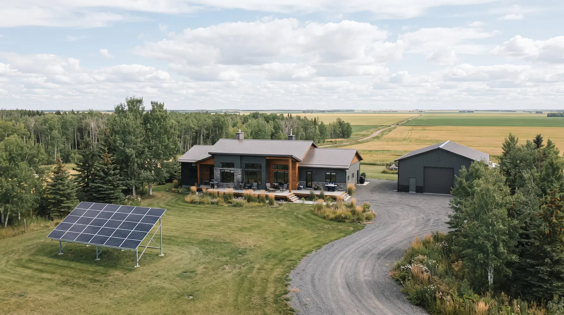 Country acreage outside Edmonton with a modern bungalow, a shop and a ground-mounted solar array, near Devon