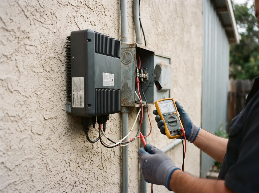 Gloved hand testing a residential solar inverter with a digital multimeter