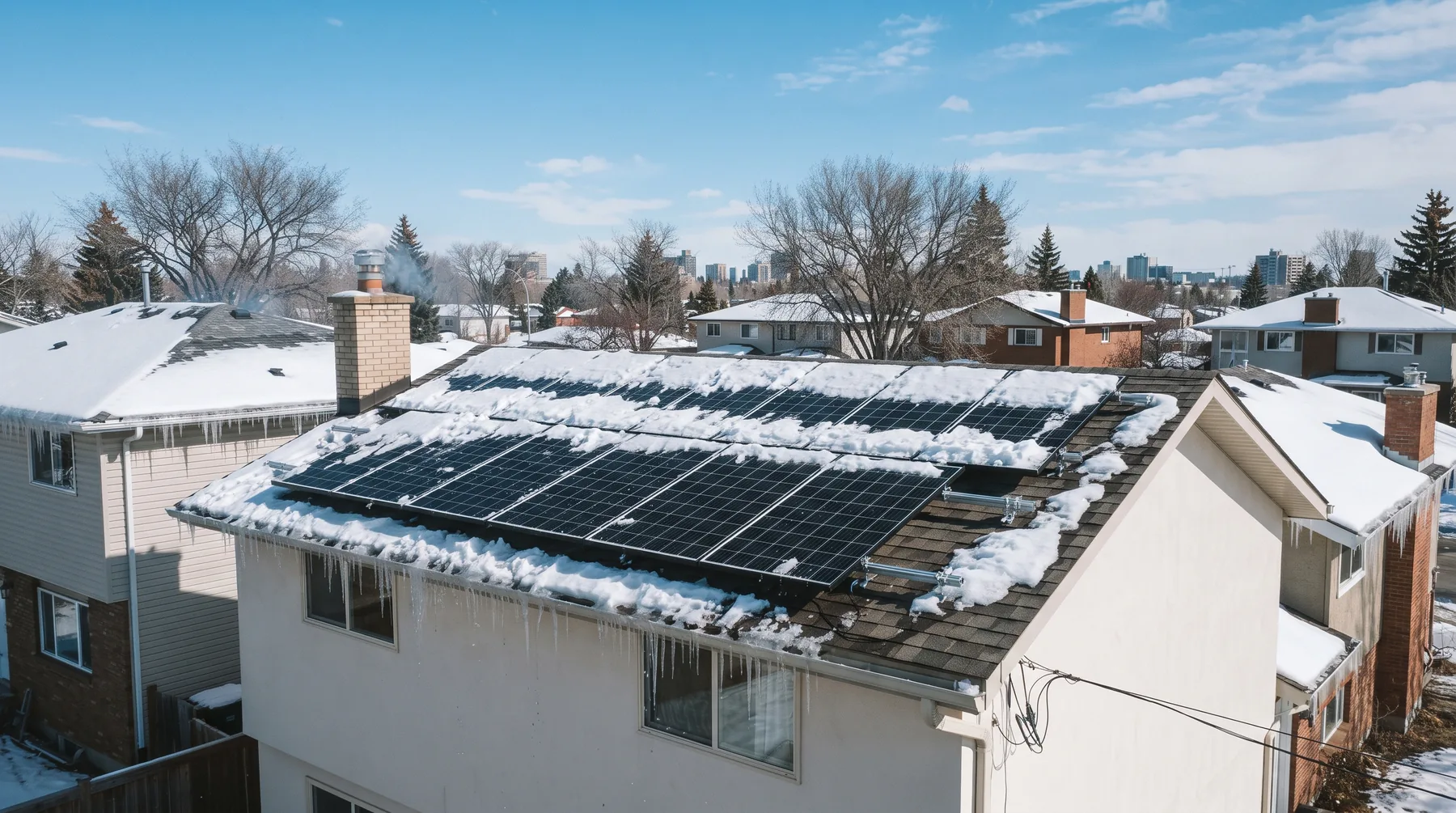 Snow-dusted solar panels on an Edmonton roof the morning after a spring snowfall