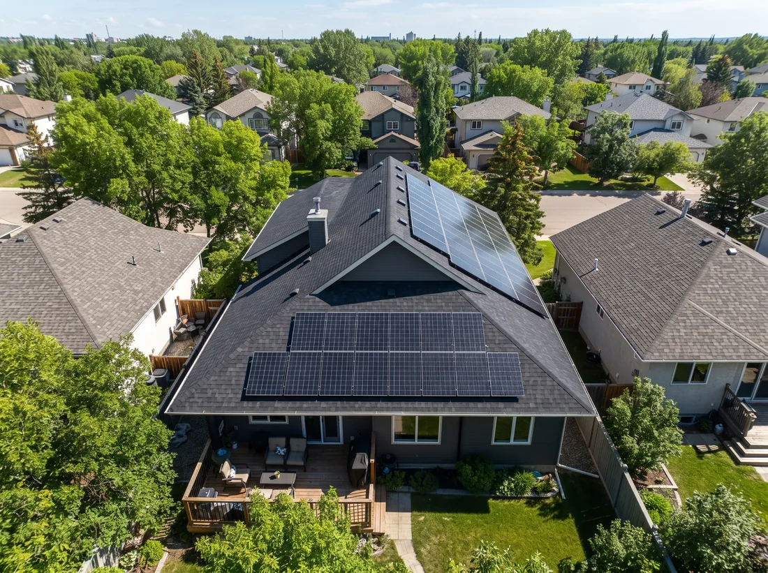 Drone view of an Edmonton home with solar panels split across a south and a west roof plane