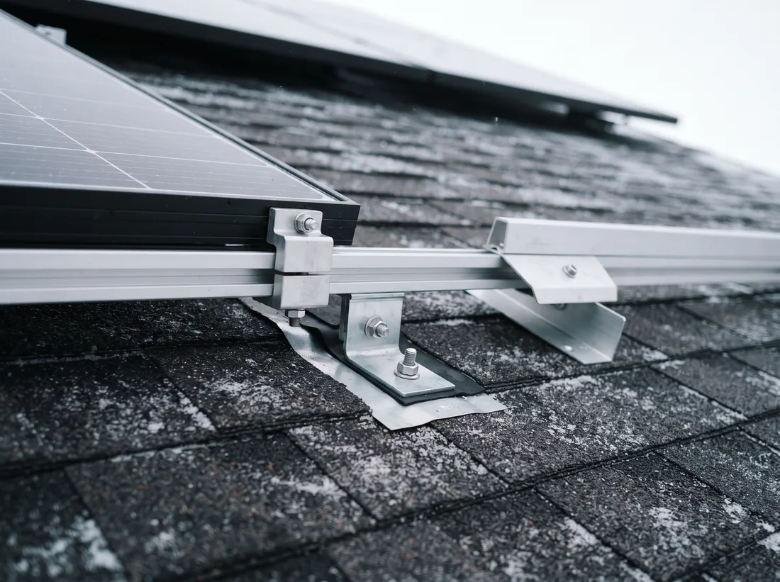 Close-up of solar racking rails, a snow guard and a flashed roof attachment on a shingled roof