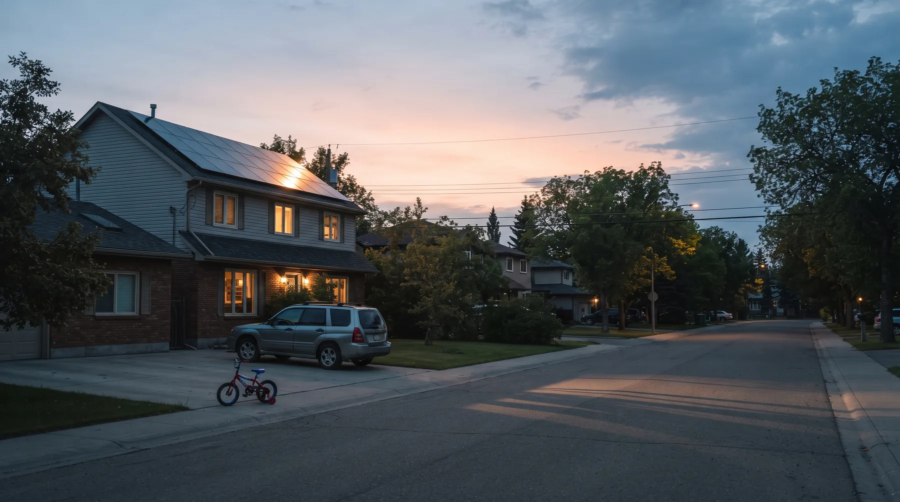 Solar array on an Edmonton roof catching light late on a long June evening