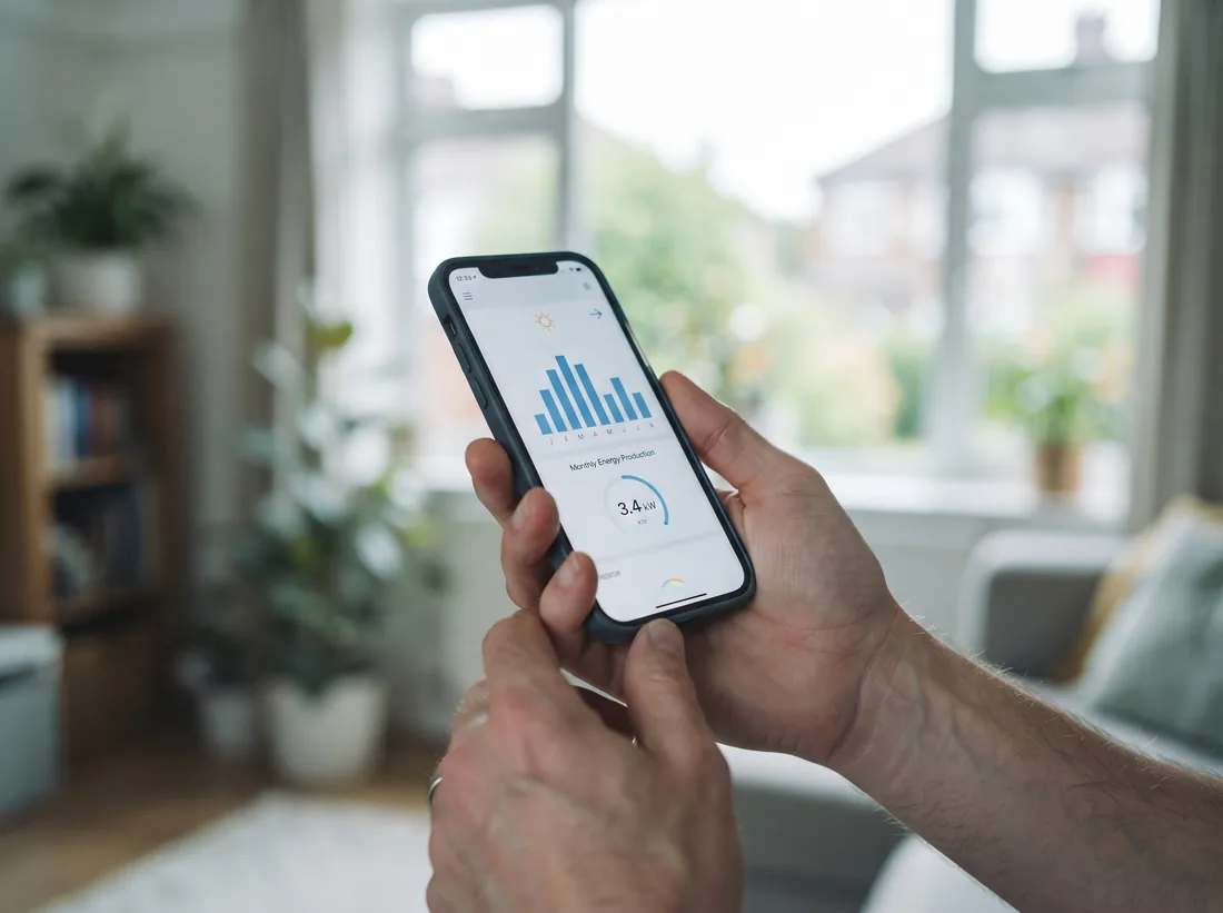 Hand holding a phone showing a solar monitoring app with a monthly production bar chart