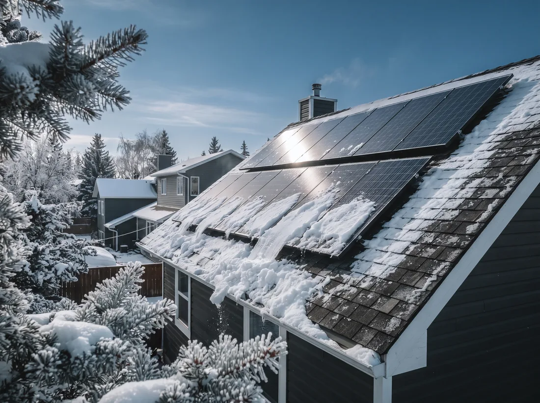 Solar array on a steep Edmonton roof in January with snow sliding off the lower panels in low winter sun