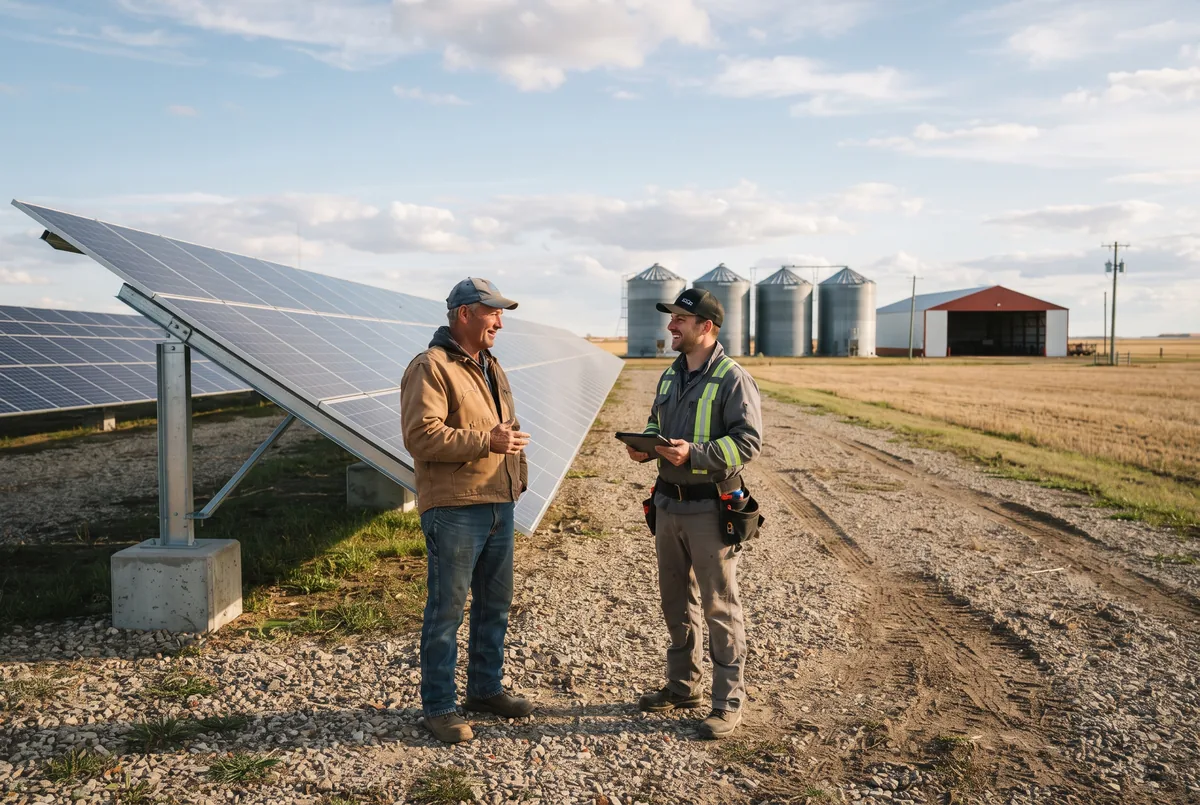 Farmer talking with a solar installer beside a ground-mounted array in a farmyard near Edmonton