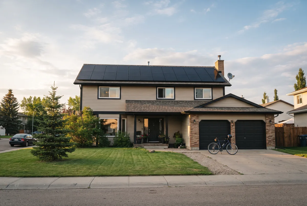 Two-storey Edmonton family home with black solar panels across its south-facing roof